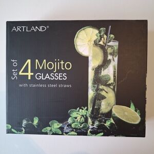 Artland Mojito Glasses Set with Stainless Steel Straws - Green